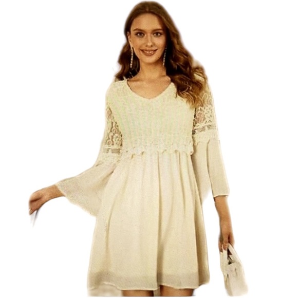 Zanzea Boho Cream Lace Bell Sleeves Dress - Picture 1 of 5